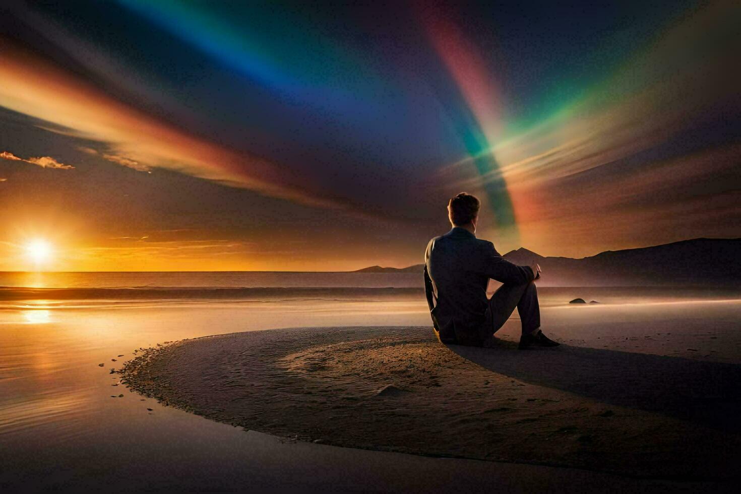 a man sitting on the beach watching the sunset. AI-Generated photo
