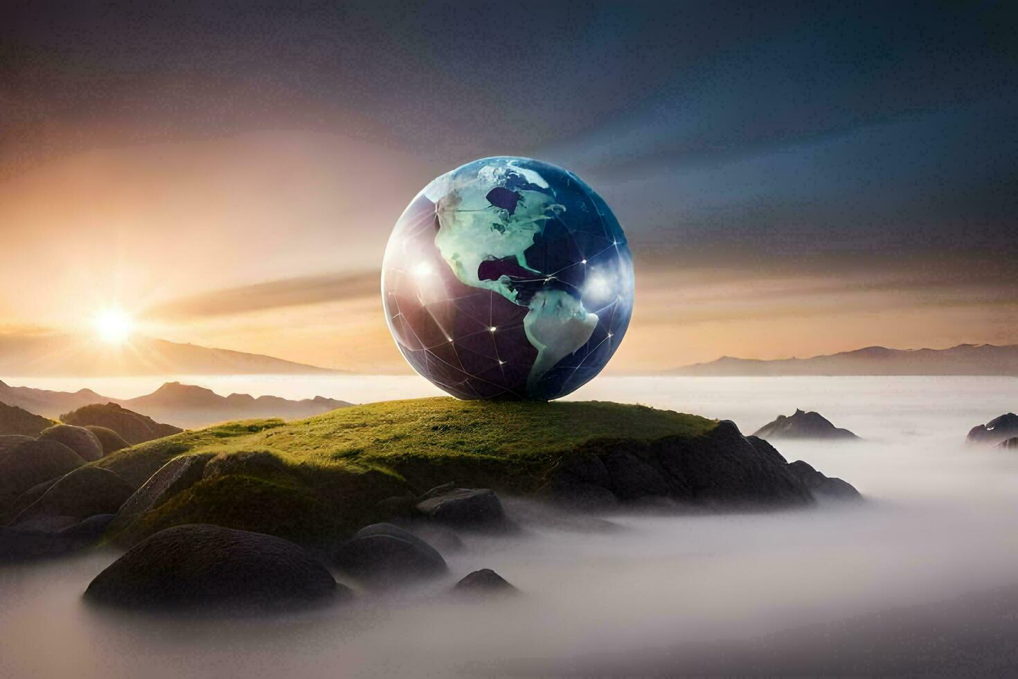 the earth globe on the top of the hill. AI-Generated photo
