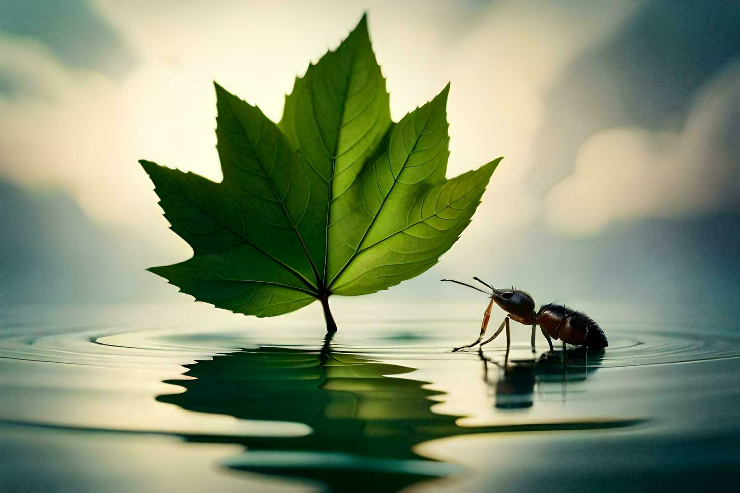 a leaf and an ant are standing in water. AI-Generated photo