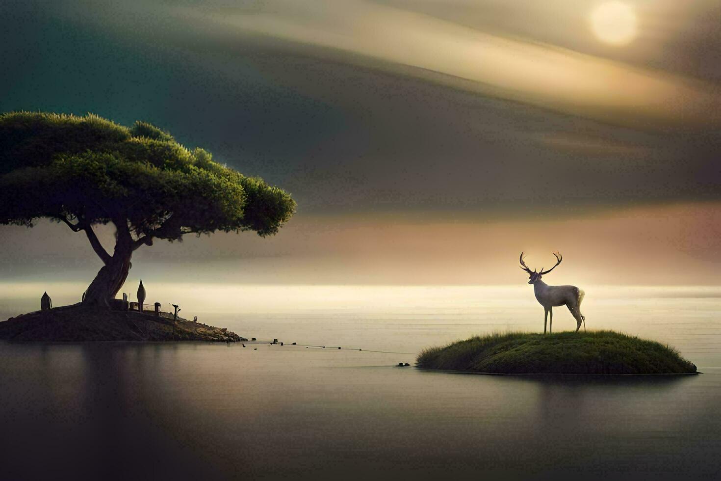 a deer stands on an island in the middle of the water. AI-Generated photo