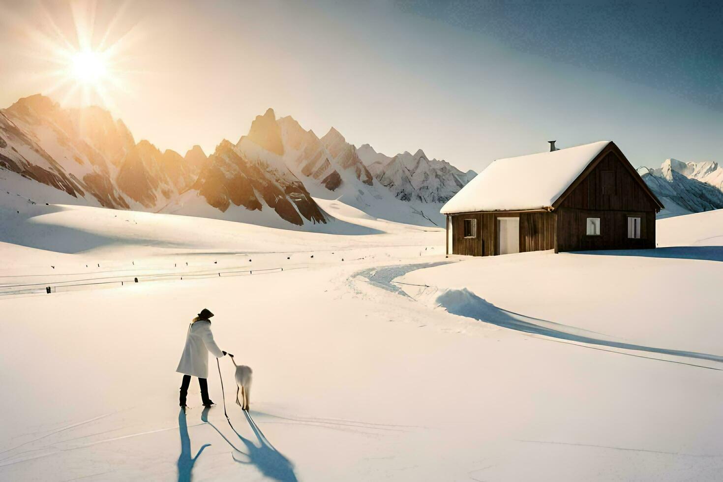 a man and his dog walking in the snow near a cabin. AI-Generated photo