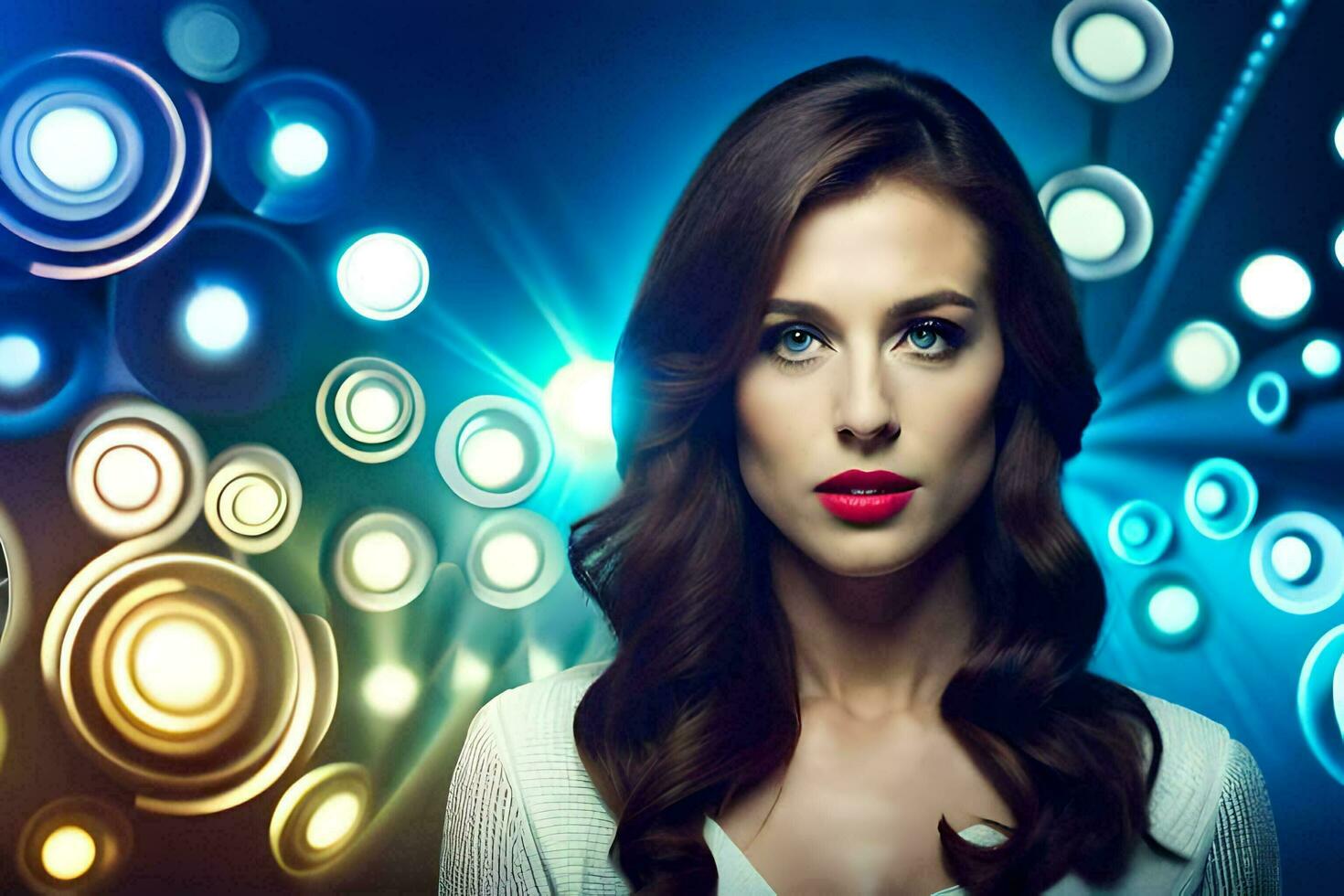 a woman with red lipstick and blue eyes is standing in front of a colorful background. AI-Generated photo