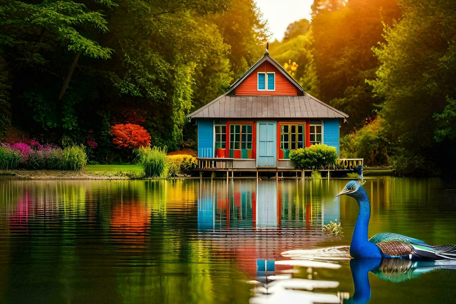 un azul casa se sienta en el borde de un lago con un Pato flotante en frente de él. generado por ai foto