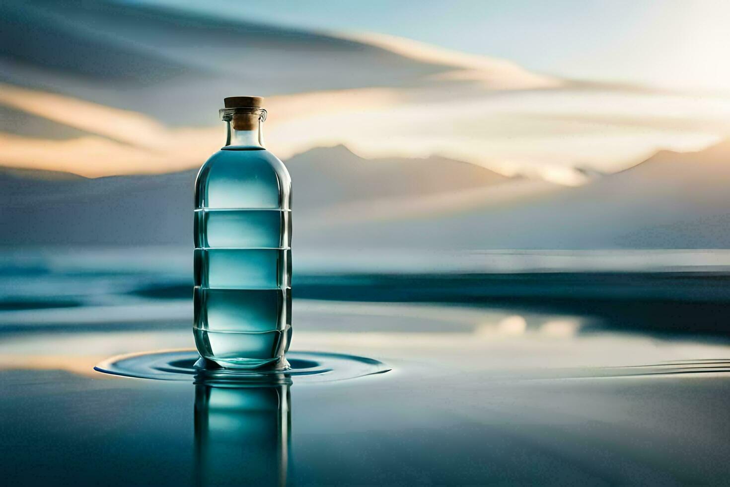 a bottle of water sitting on the water with mountains in the background. AI-Generated photo
