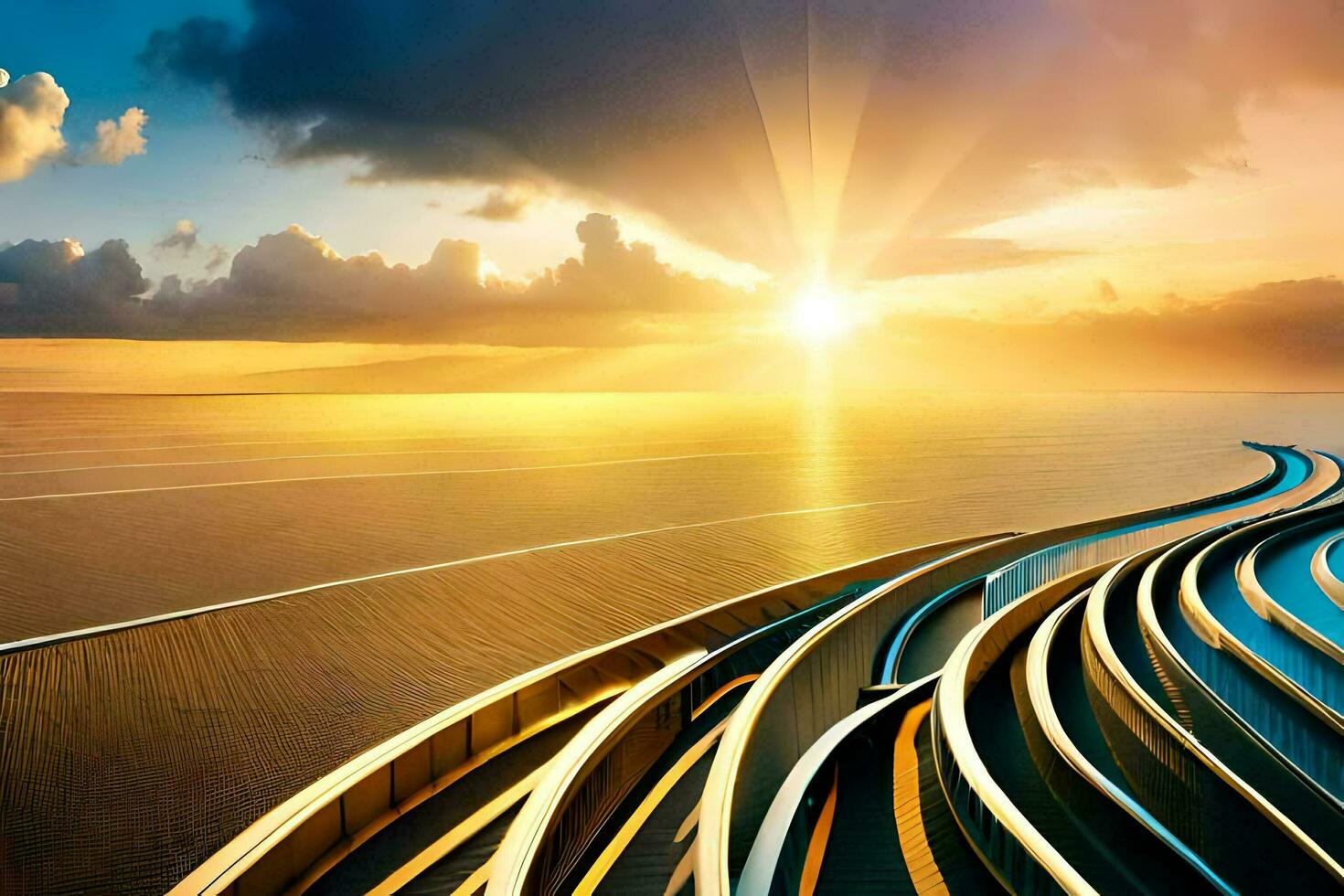 a long bridge with a sunset in the background. AI-Generated photo