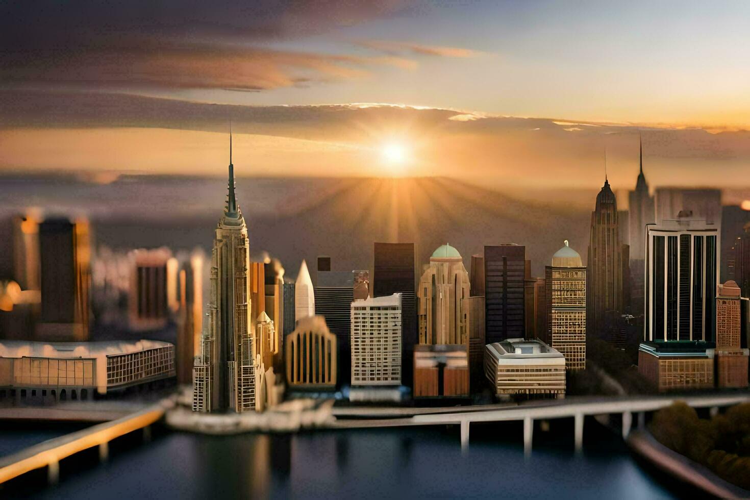 the sun rises over a city skyline. AI-Generated photo