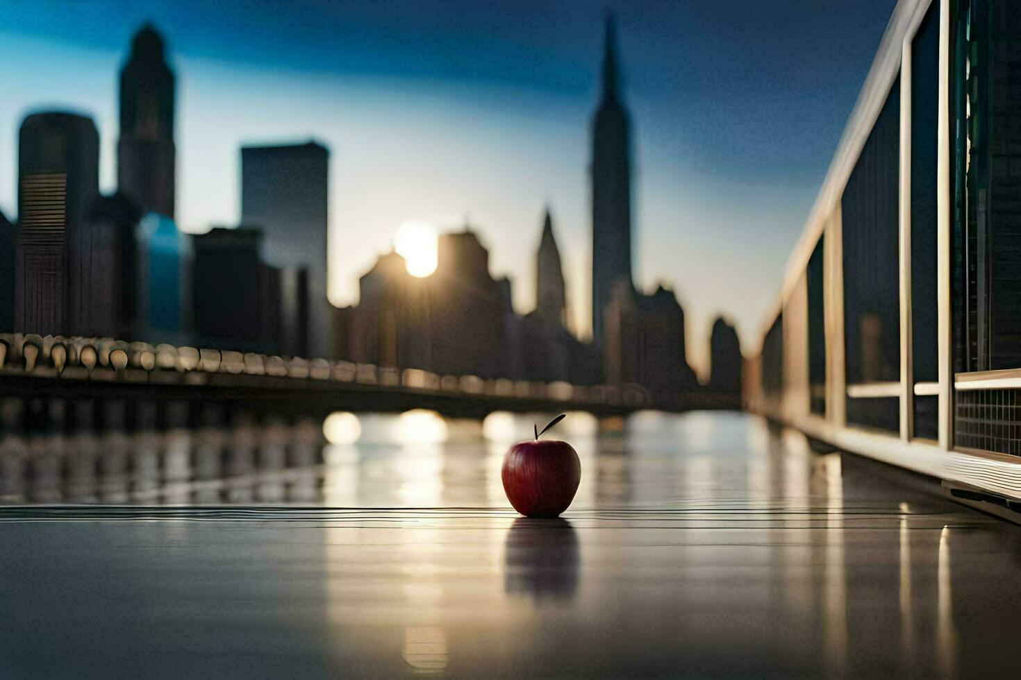 an apple is sitting on the ground in front of a city skyline. AI-Generated photo