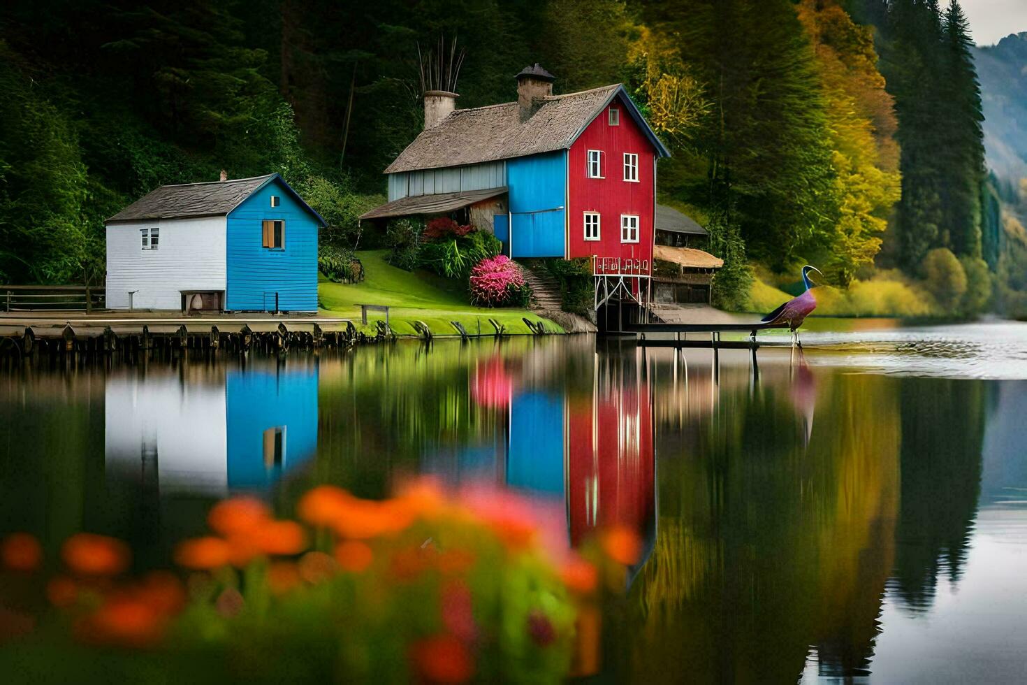 colorful houses on the water with flowers in the foreground. AI-Generated photo
