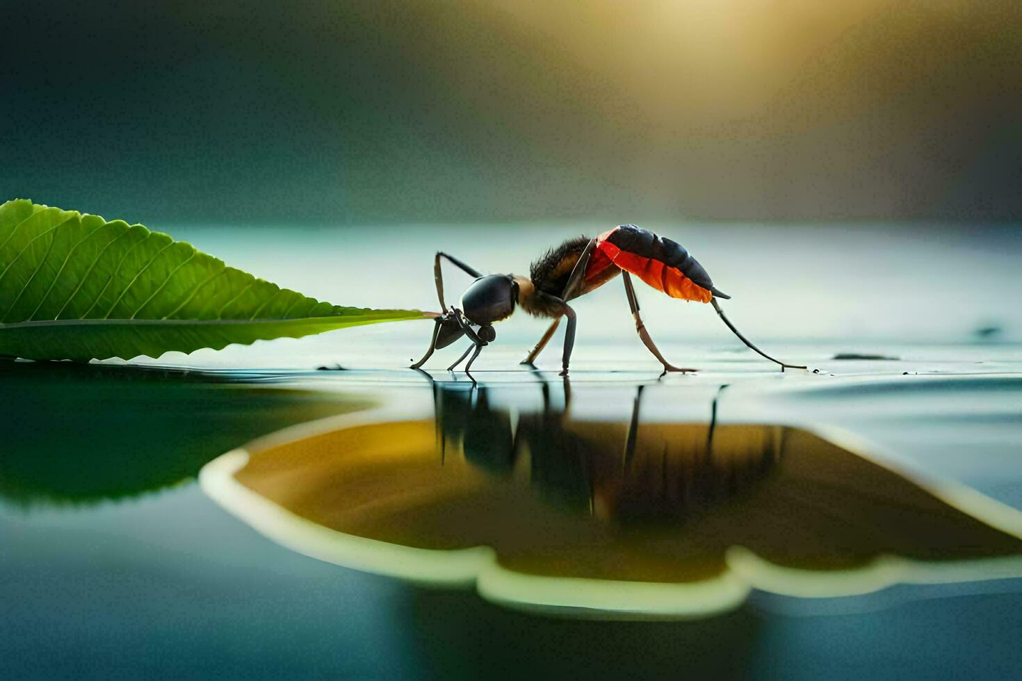 un pequeño insecto es en pie en el agua con un hoja. generado por ai foto