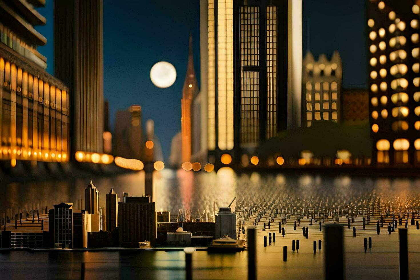 a city at night with a full moon in the background. AI-Generated photo