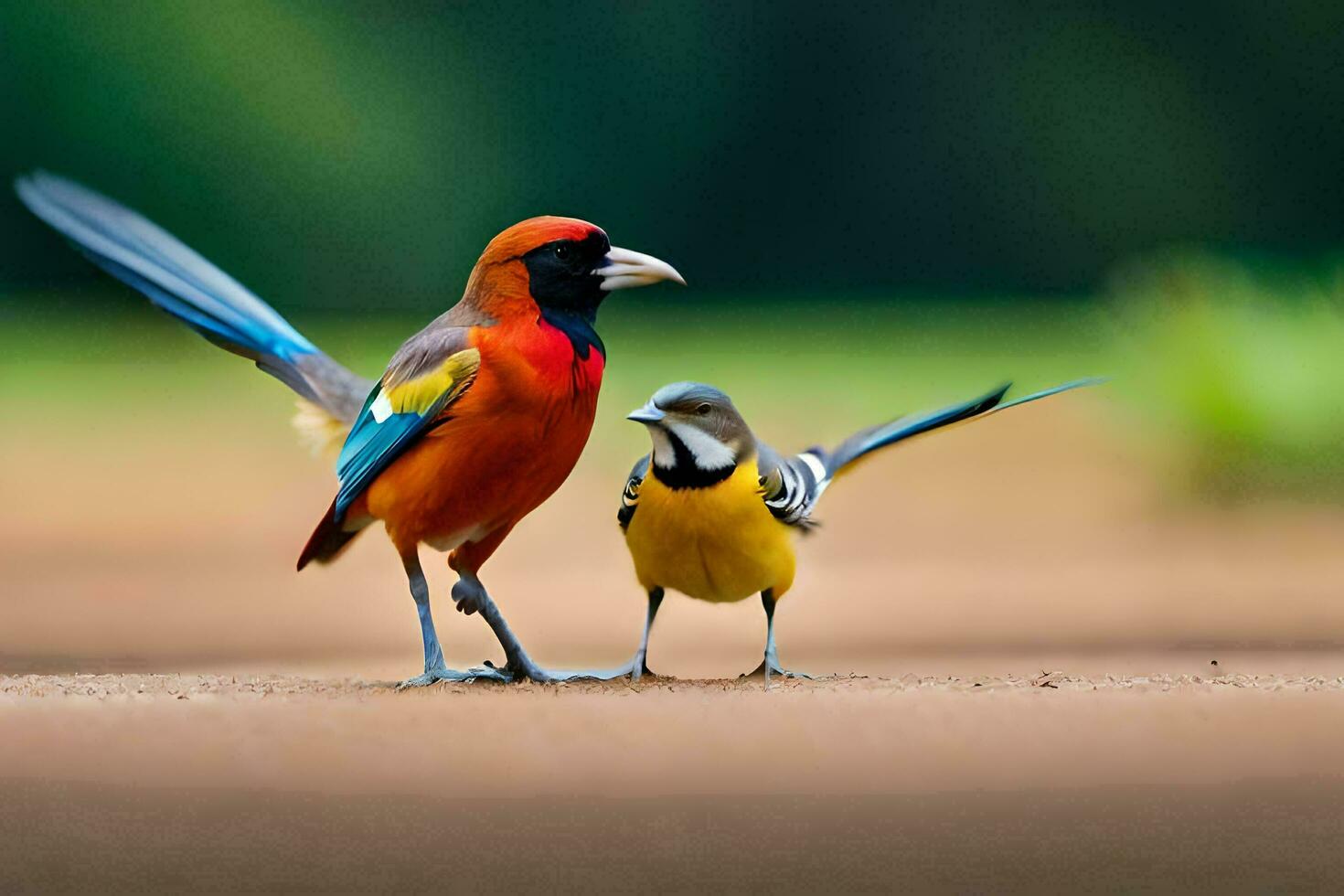 two colorful birds standing on the ground. AI-Generated photo