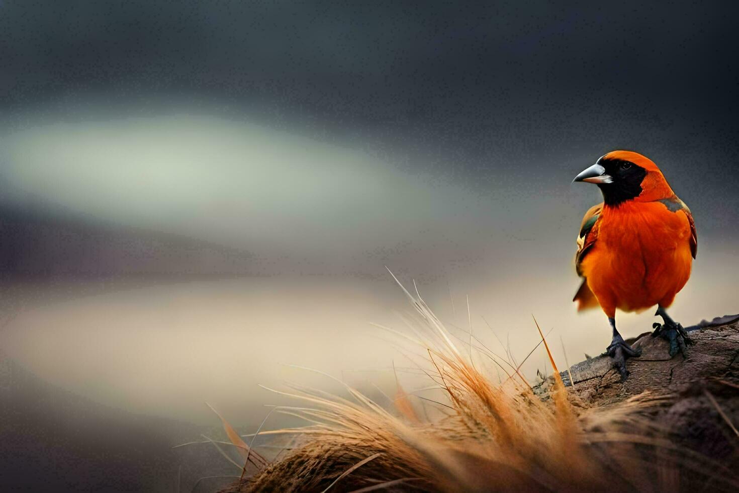 a small orange bird is standing on top of a rock. AI-Generated photo