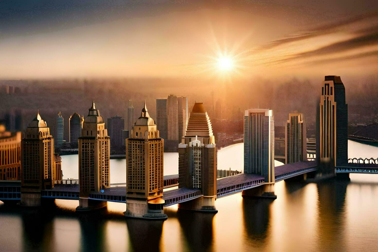 the sun is setting over a city skyline. AI-Generated photo