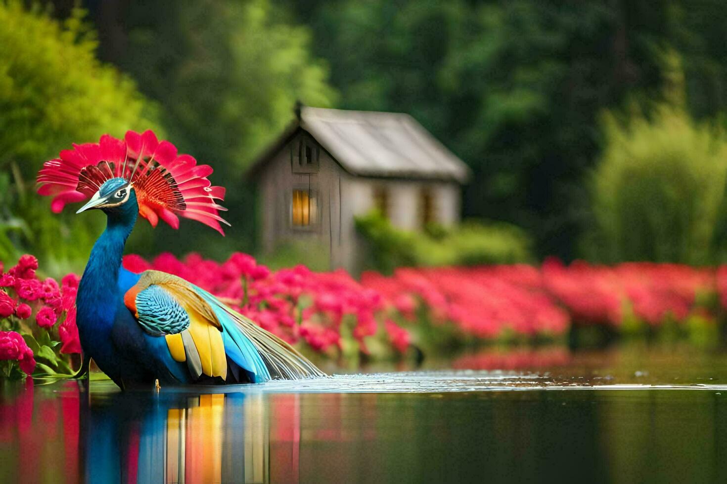 a peacock is standing in the water with flowers. AI-Generated photo