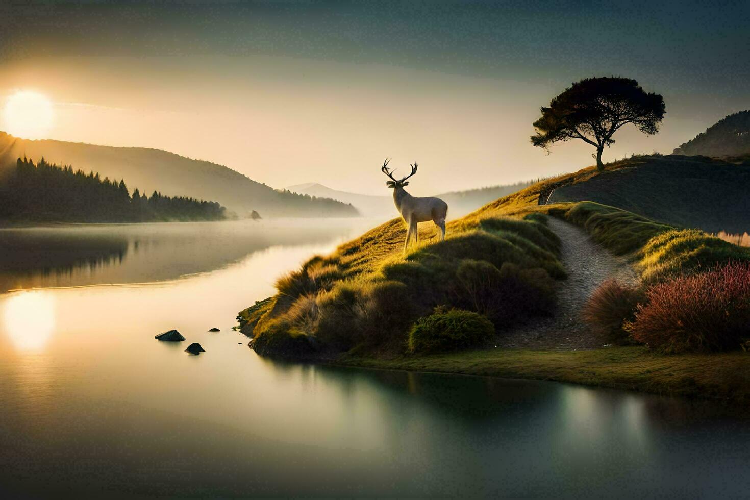 photo wallpaper the sky, water, landscape, deer, tree, lake, sunrise, the lake. AI-Generated