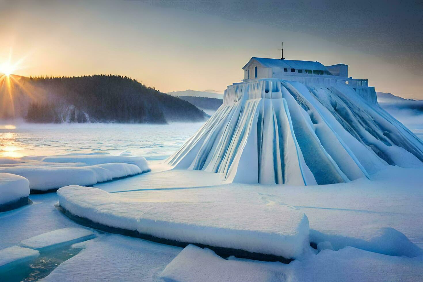 the sun rises over a frozen lake with a building in the middle. AI-Generated photo