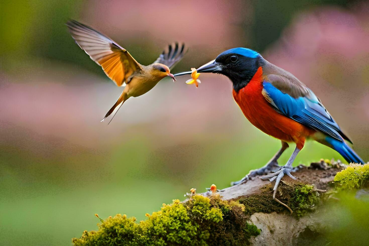 a blue and orange bird feeding on a small bird. AI-Generated photo