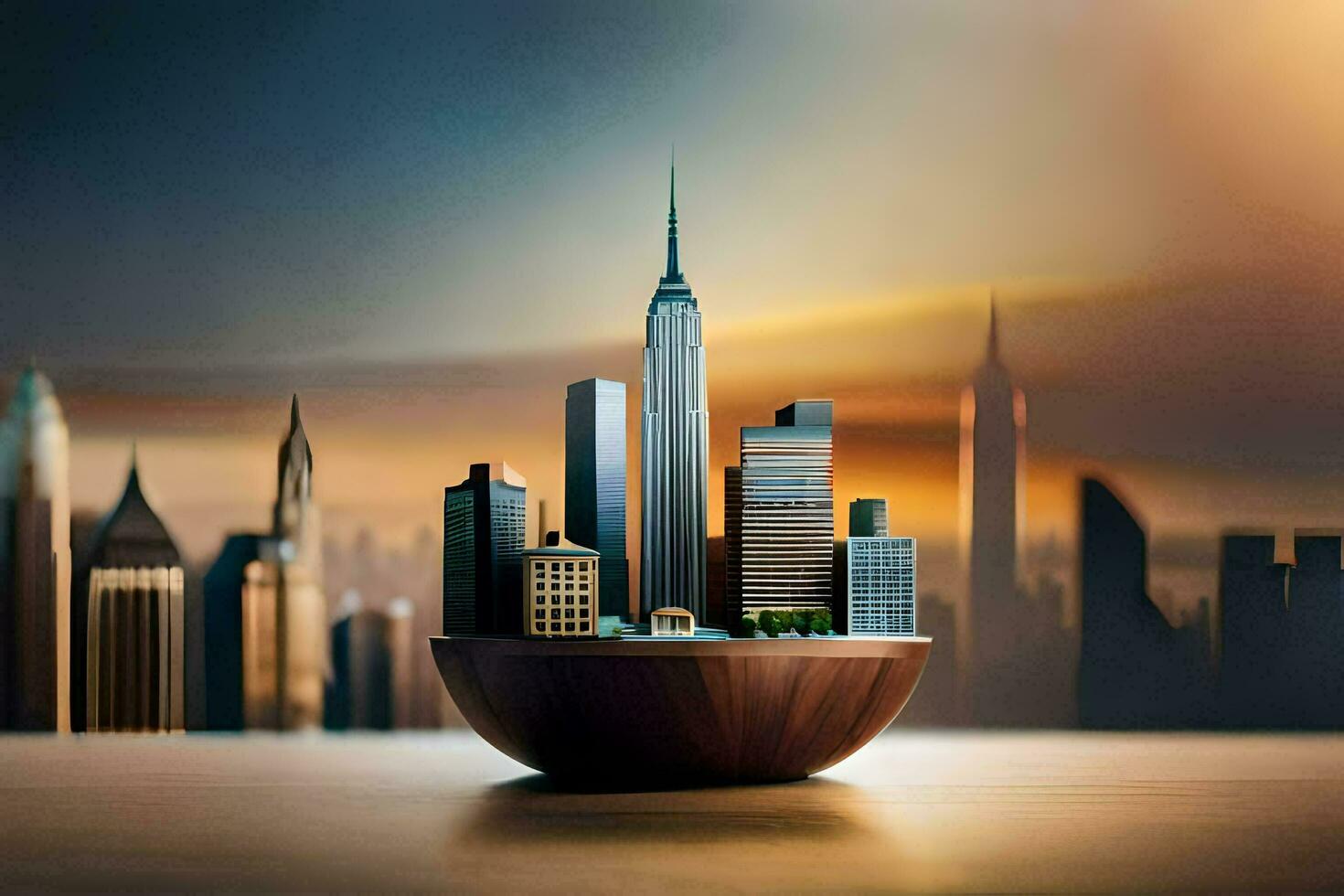 a city in a bowl with a view of the skyline. AI-Generated photo