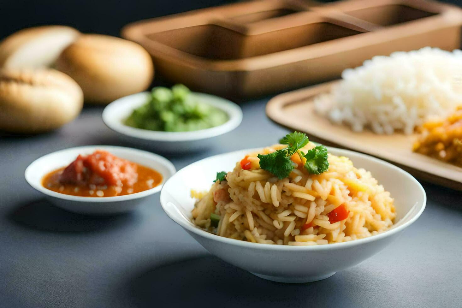 the food is served in a bowl with rice, vegetables and bread. AI-Generated photo