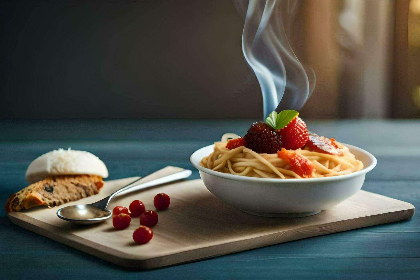 spaghetti with tomato sauce and bread on a wooden table. AI-Generated photo