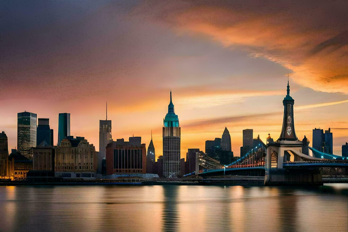 the manhattan skyline at sunset. AI-Generated photo