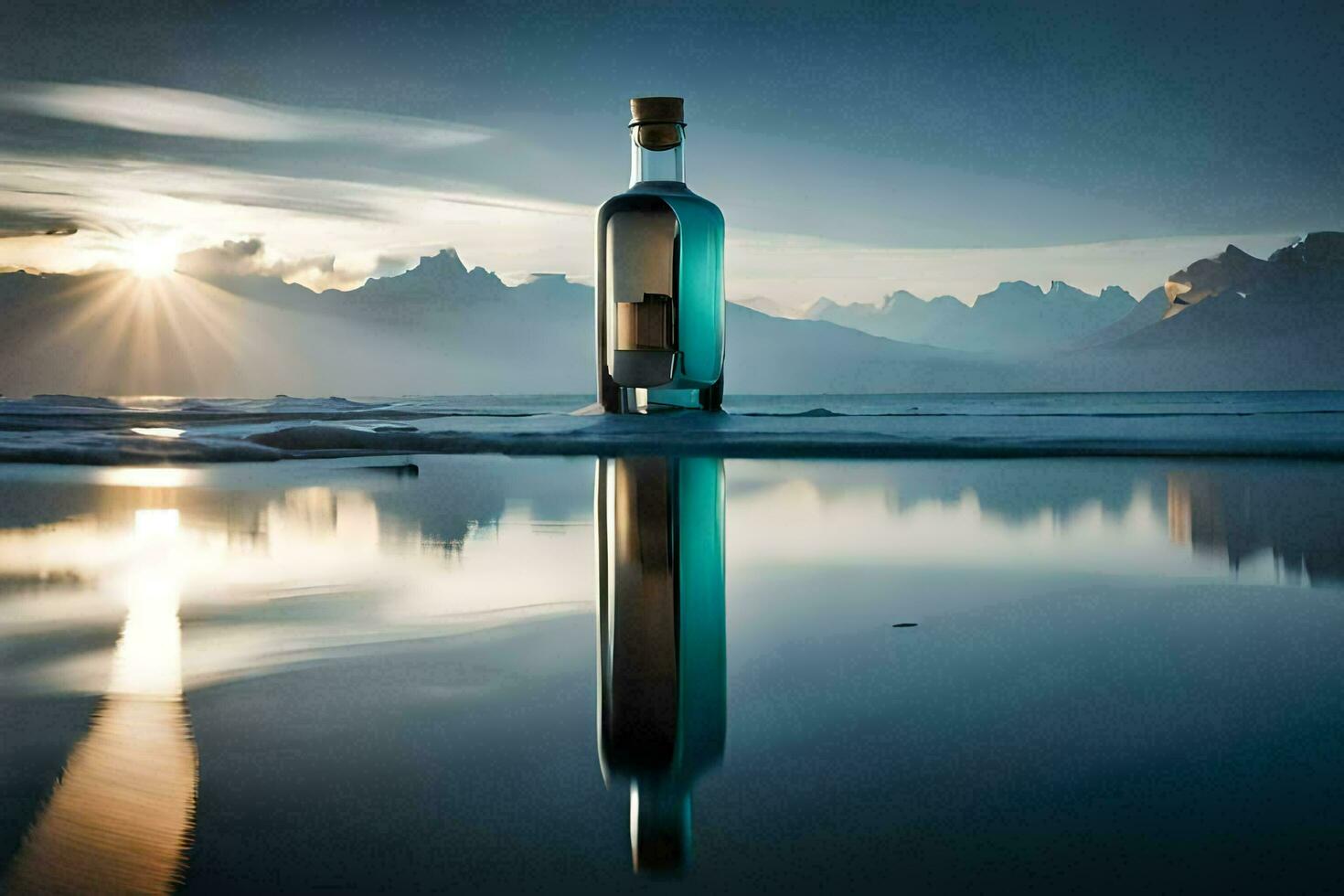 a bottle of blue liquid sitting on the beach with mountains in the background. AI-Generated photo