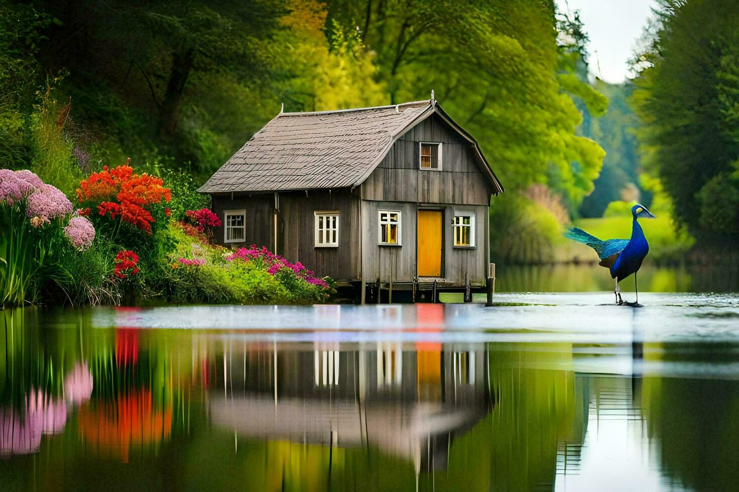 a house on the water with a peacock standing on the shore. AI-Generated photo