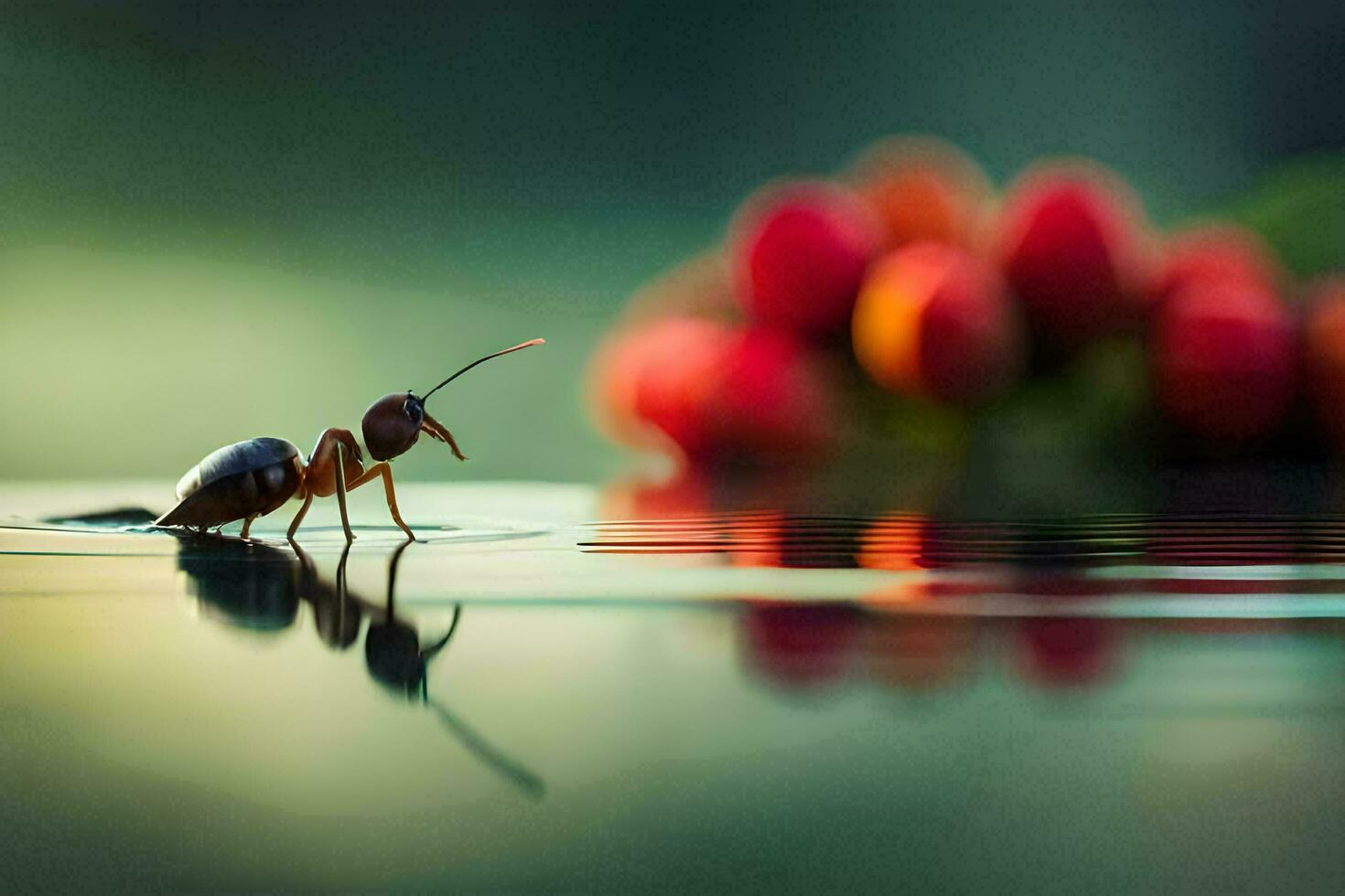 a small ant is standing on the water with red flowers. AI-Generated photo