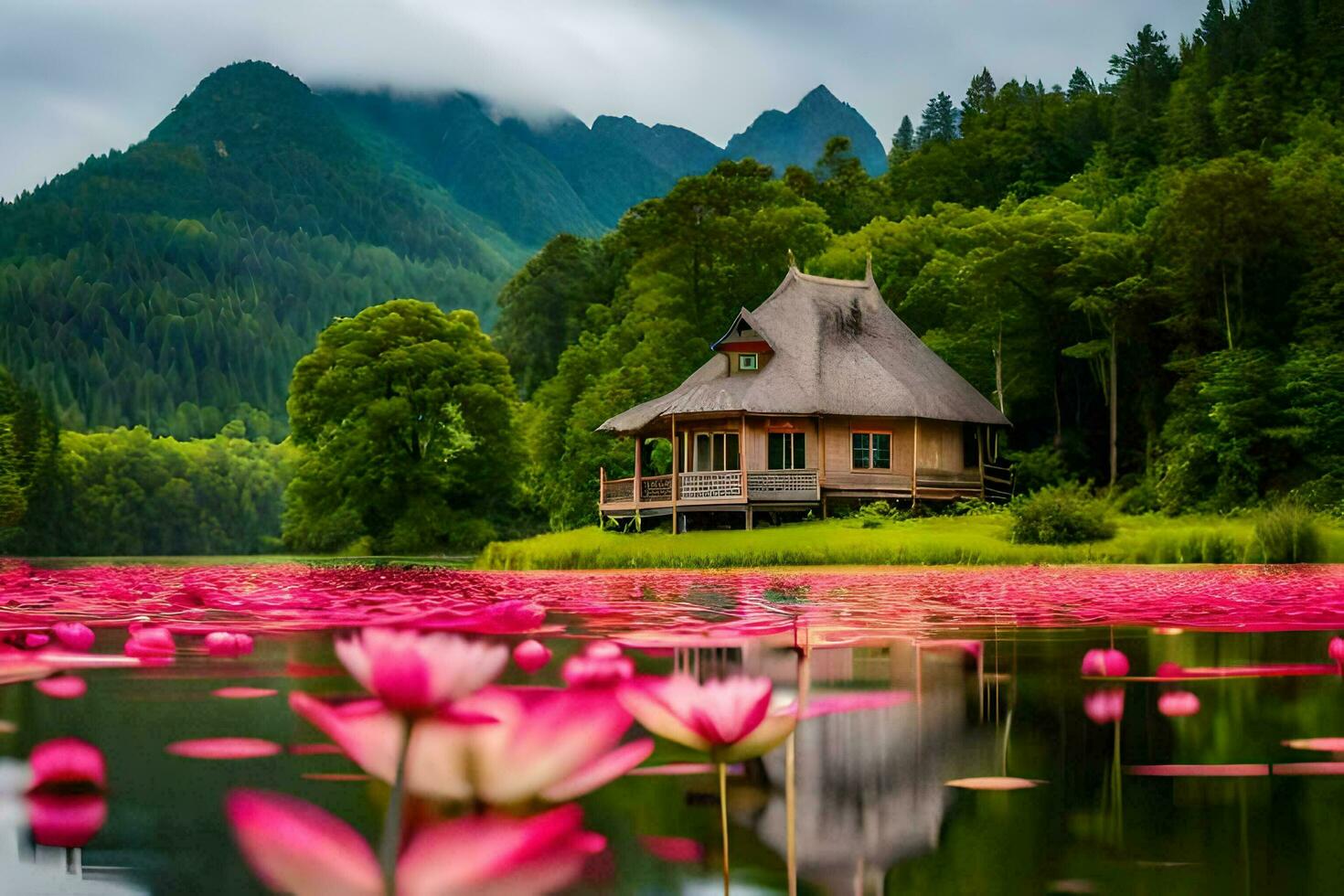 pink lotus flowers in the water and a house in the middle of the lake. AI-Generated photo