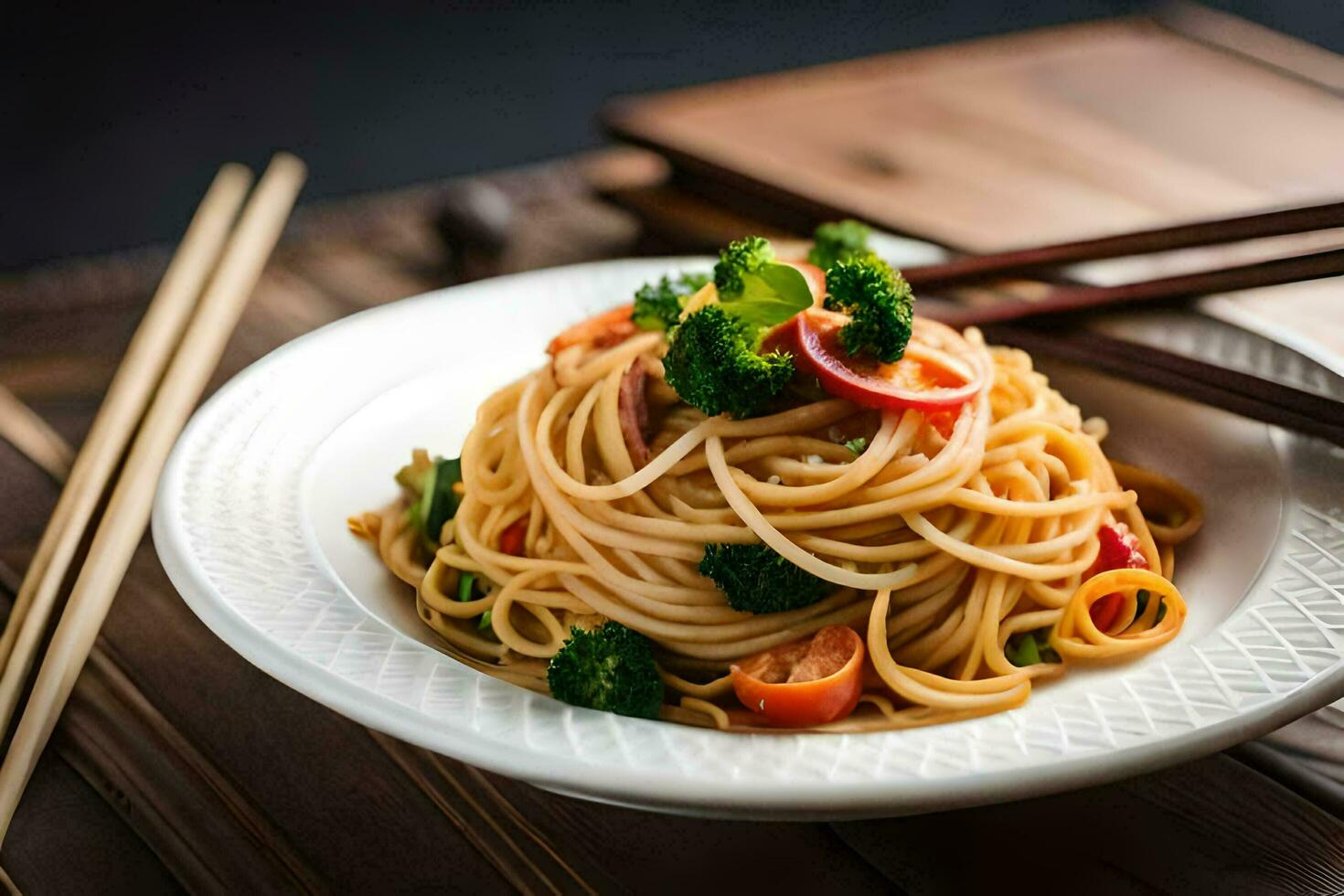 chinese noodles with broccoli and tomatoes on a white plate. AI-Generated photo