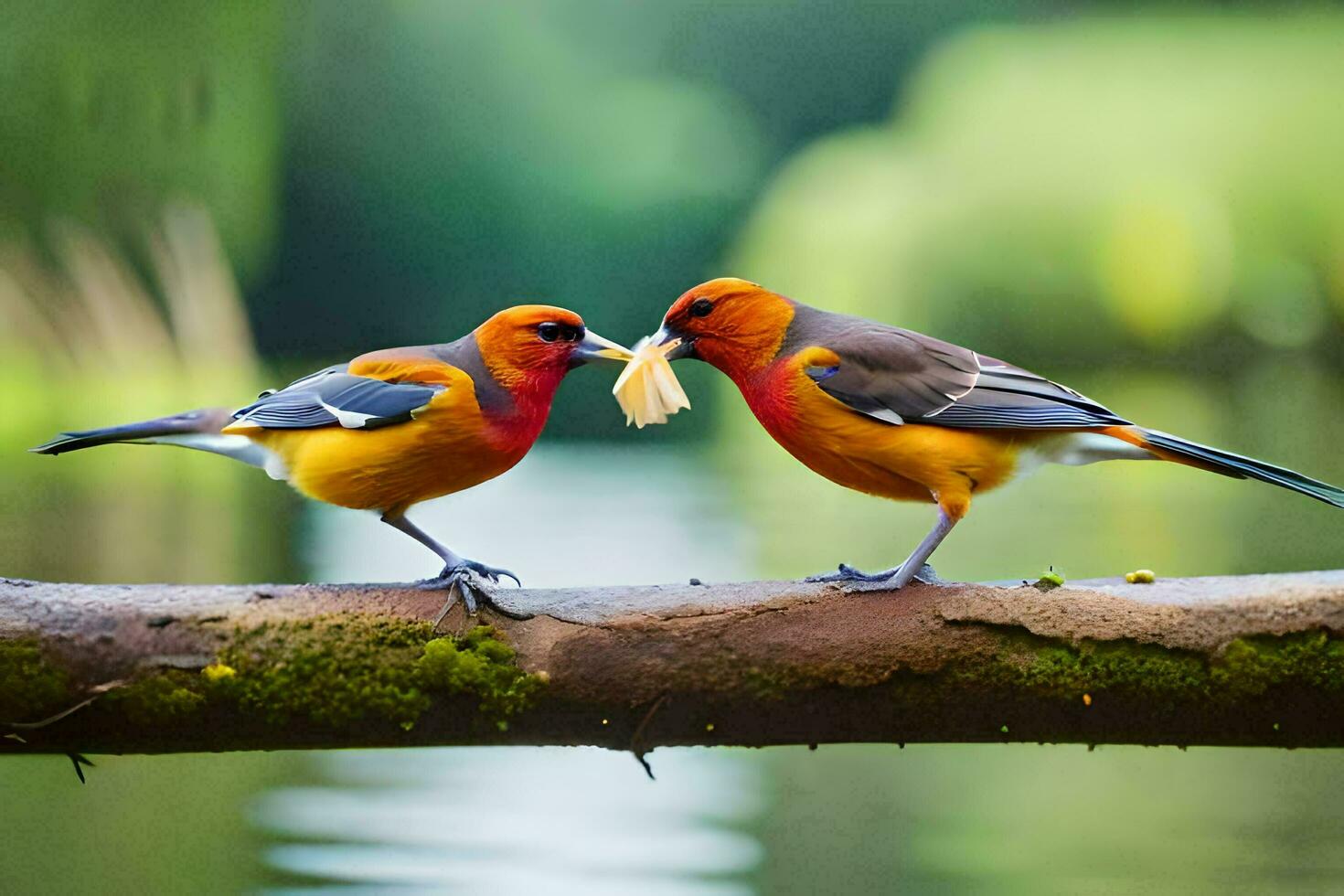 two birds are standing on a branch with food. AI-Generated photo