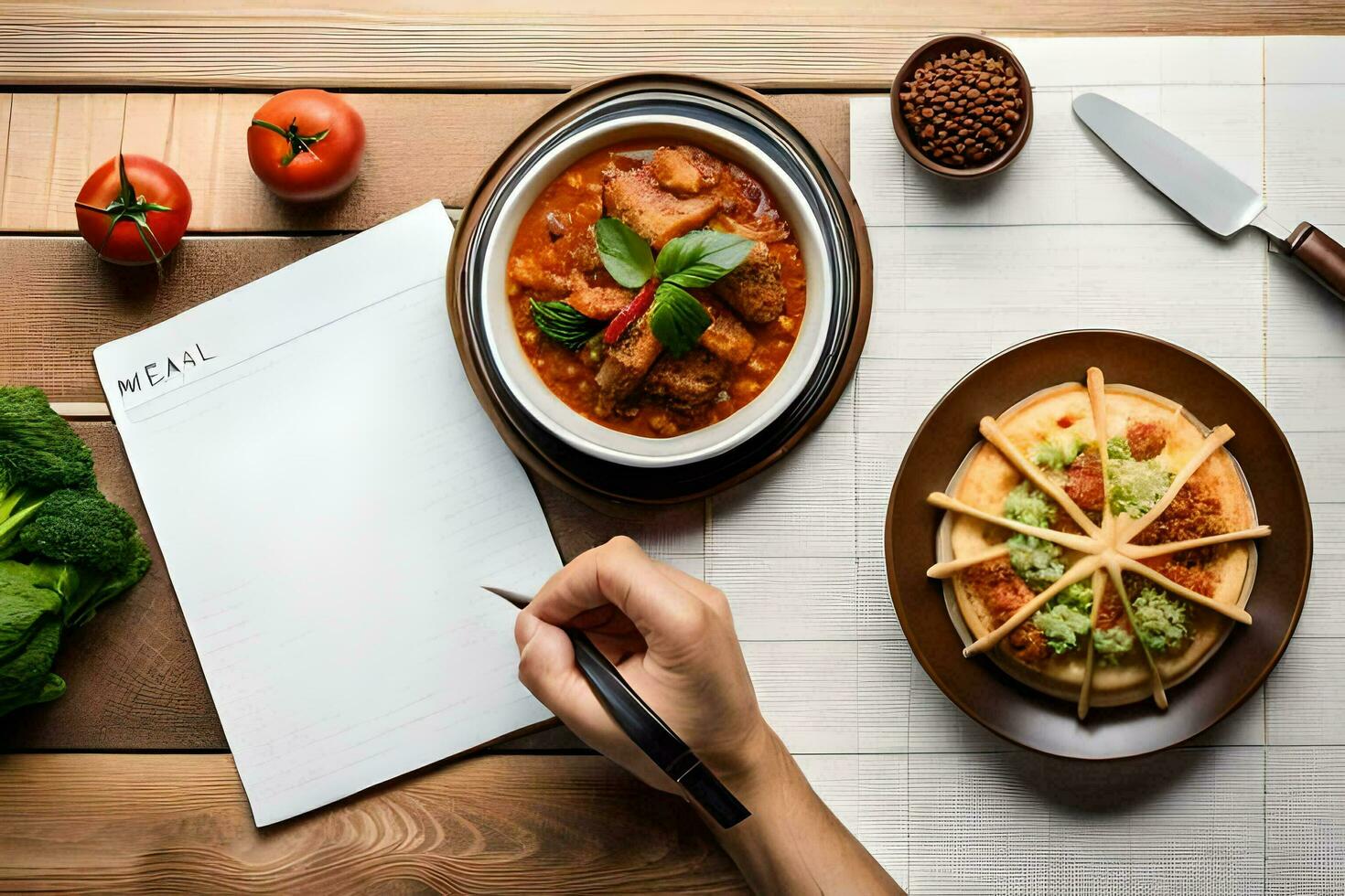 a woman's hand writing a menu on a notepad. AI-Generated photo