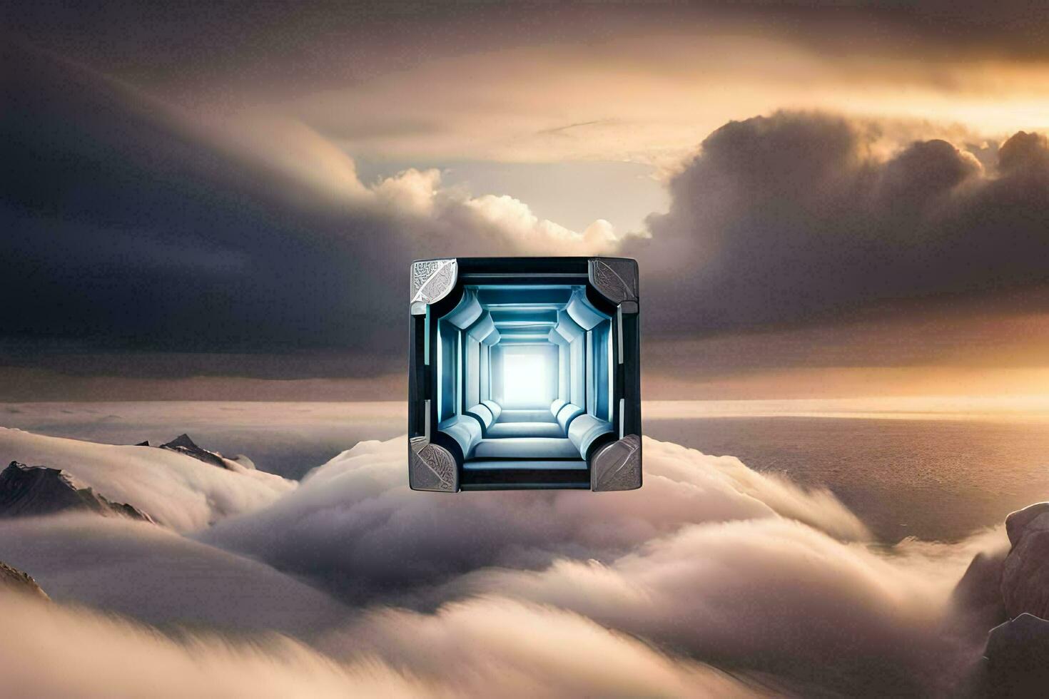 the sky is filled with clouds and a light shines through the clouds. AI-Generated photo