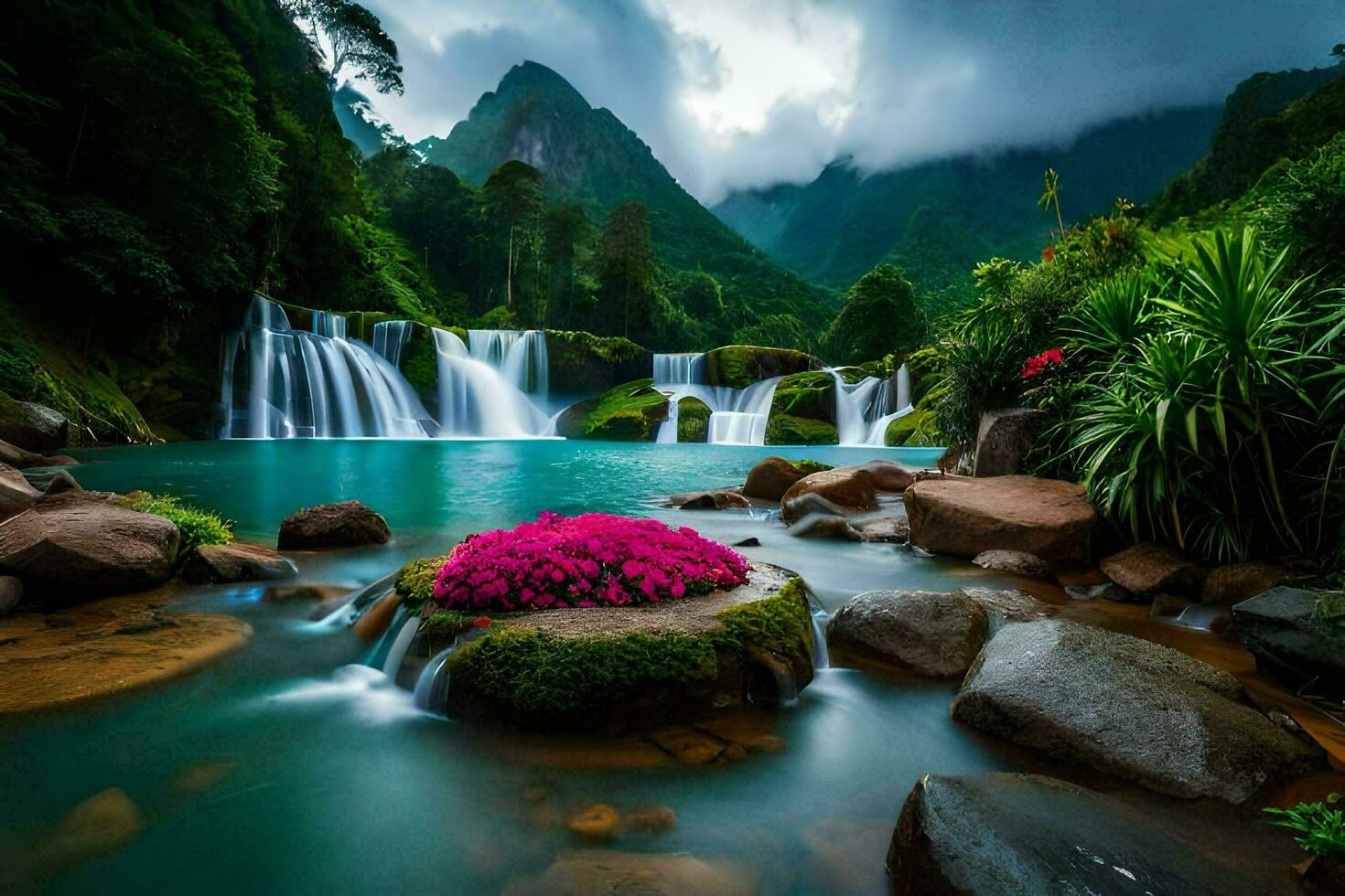 waterfalls, flowers, mountains, green, water, waterfall, nature, landscape, landscape wallpaper. AI-Generated photo