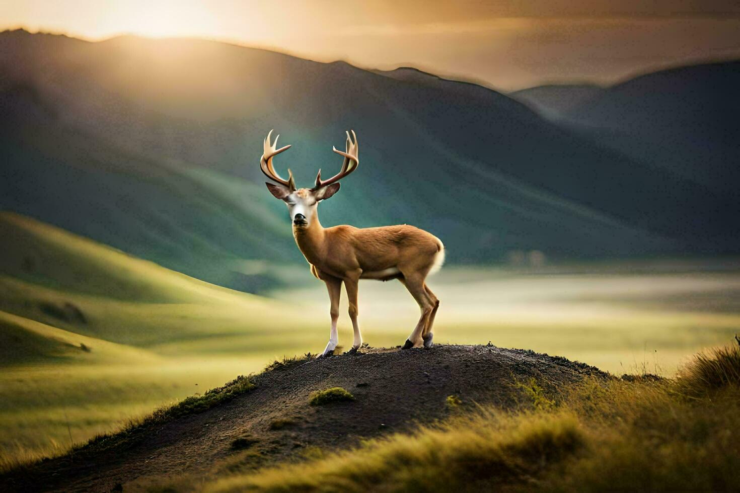 a deer stands on a hill in the middle of a field. AI-Generated photo