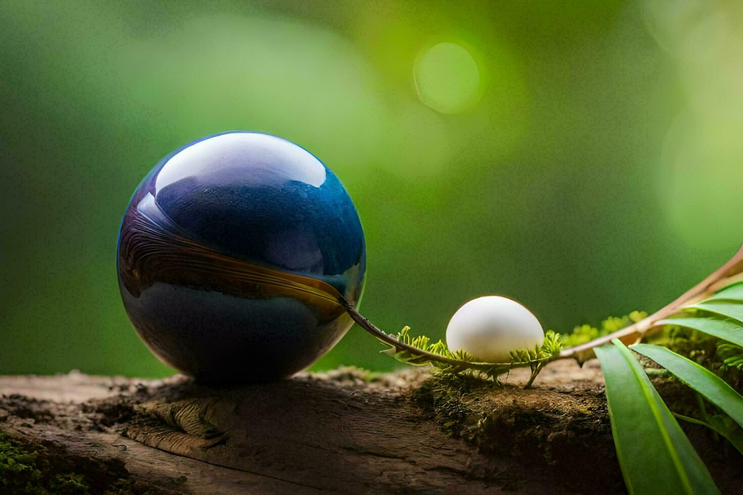 a blue and white egg sitting on a branch. AI-Generated photo