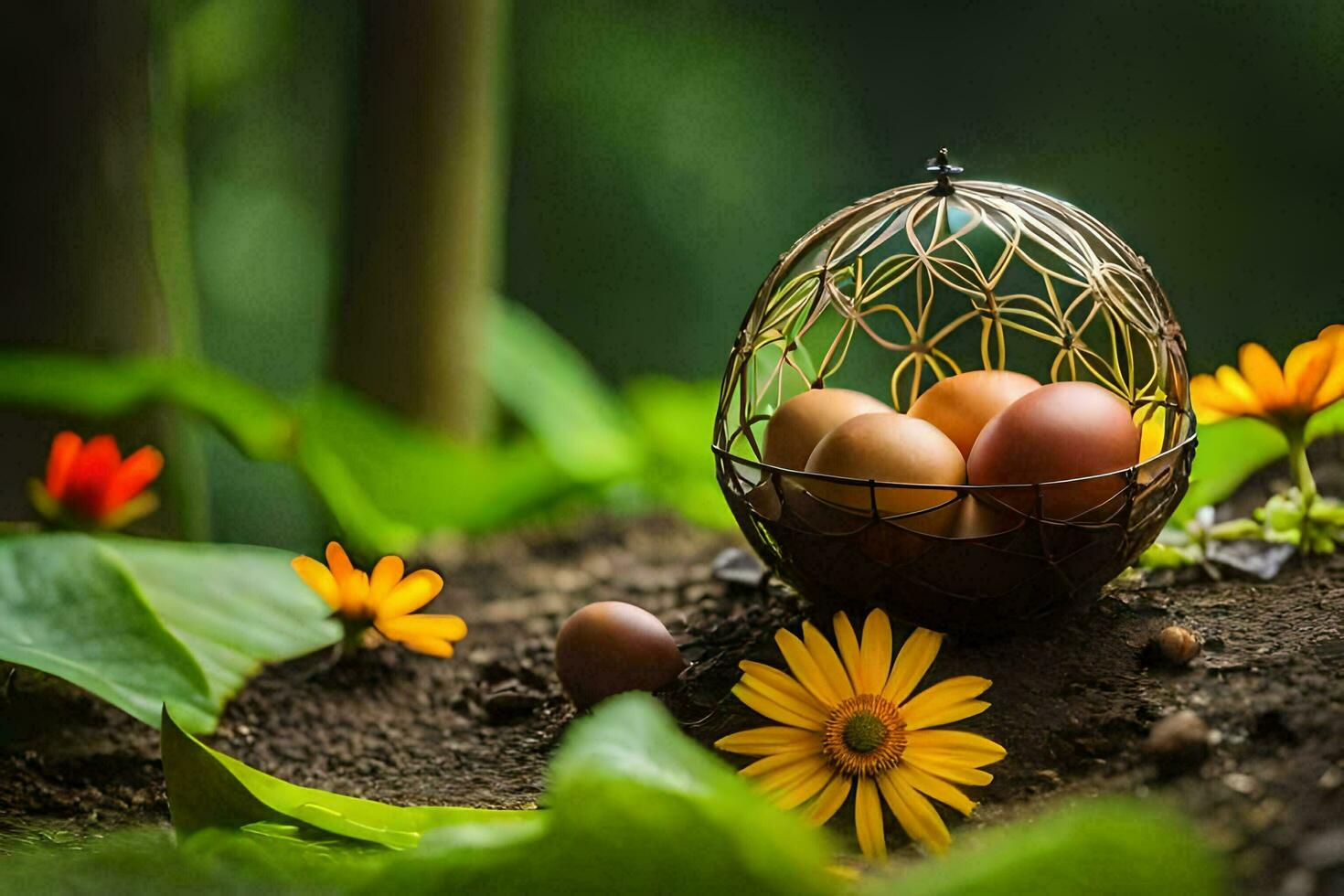 three eggs in a basket with flowers and leaves. AI-Generated photo
