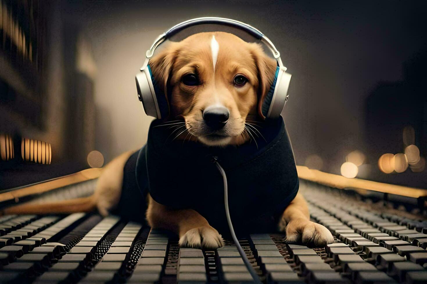 a dog wearing headphones on a music mixing board. AI-Generated photo