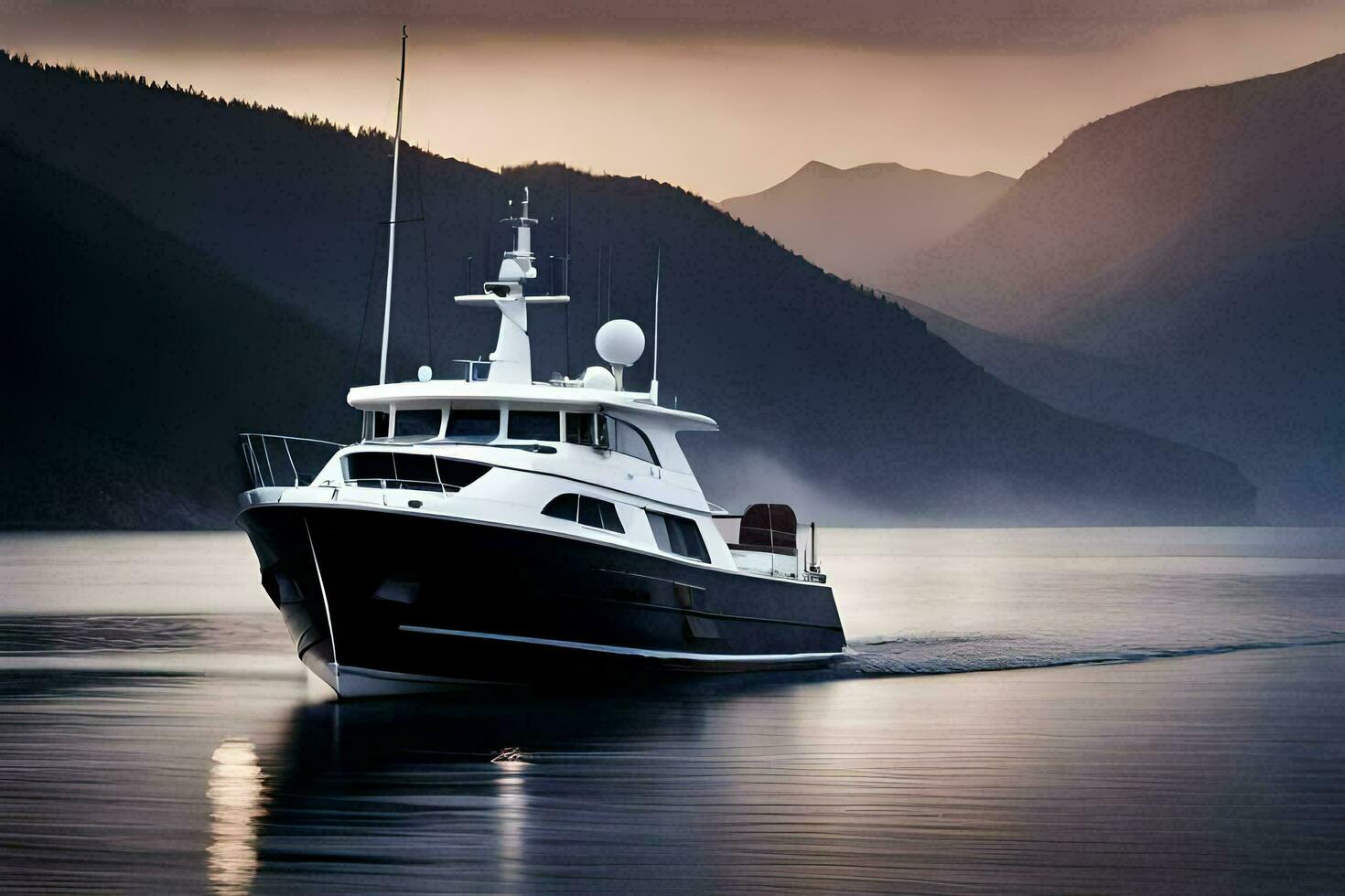 a boat is sailing on the water in front of mountains. AI-Generated photo