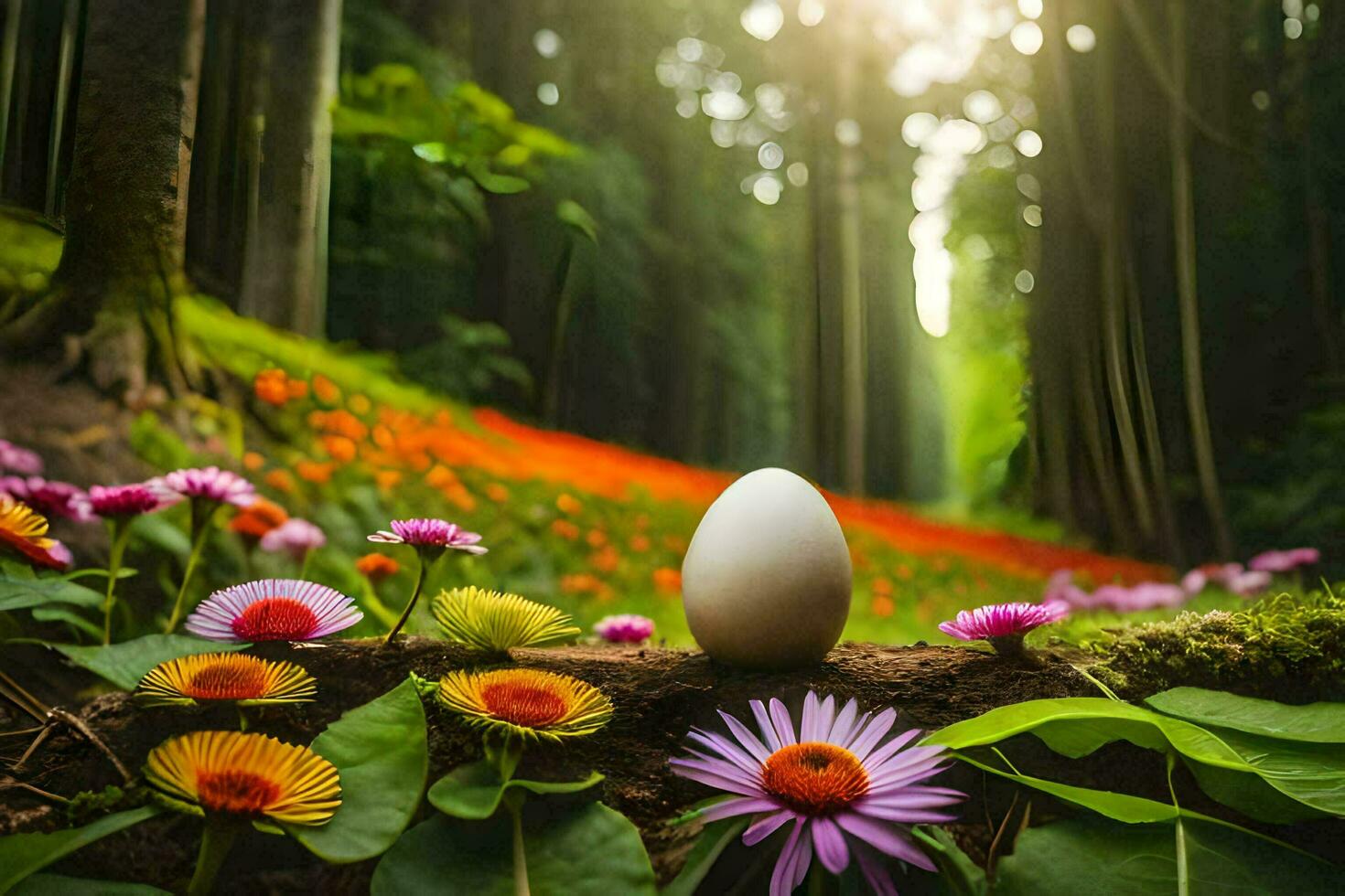 an egg sits in the middle of a forest with flowers. AI-Generated photo