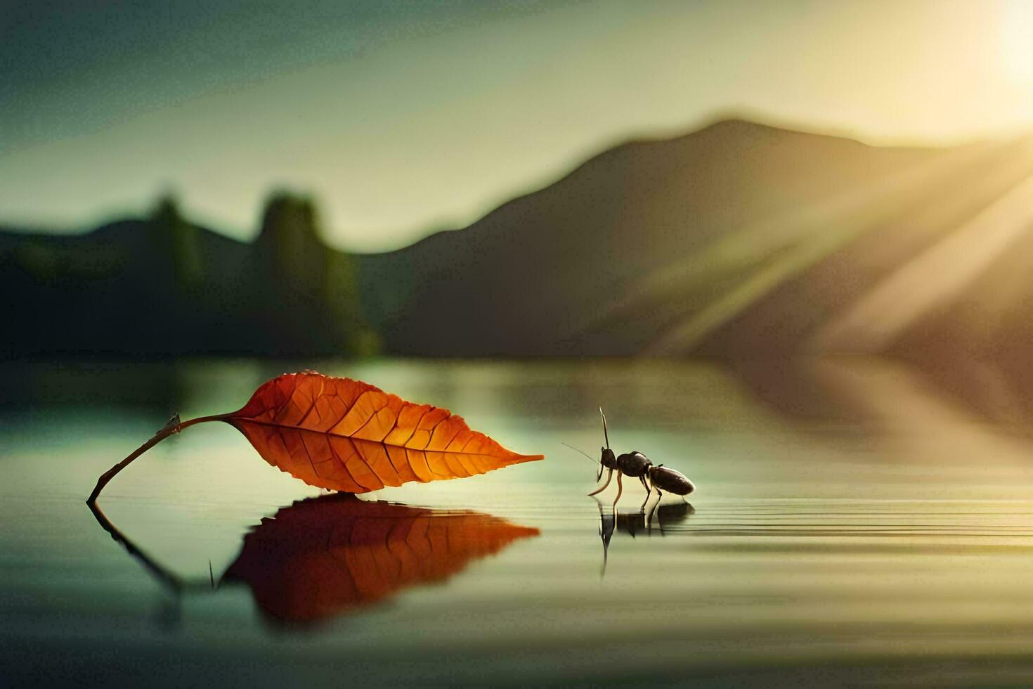 a leaf and insect on the water with the sun setting. AI-Generated photo