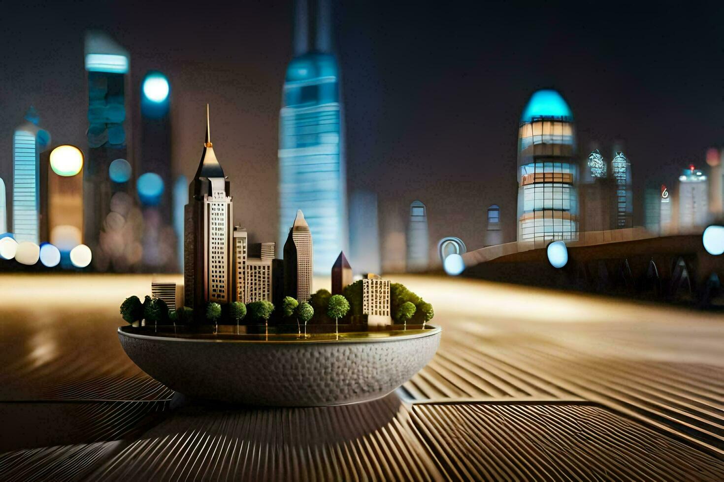 a cityscape with a small model of a city in a bowl. AI-Generated photo