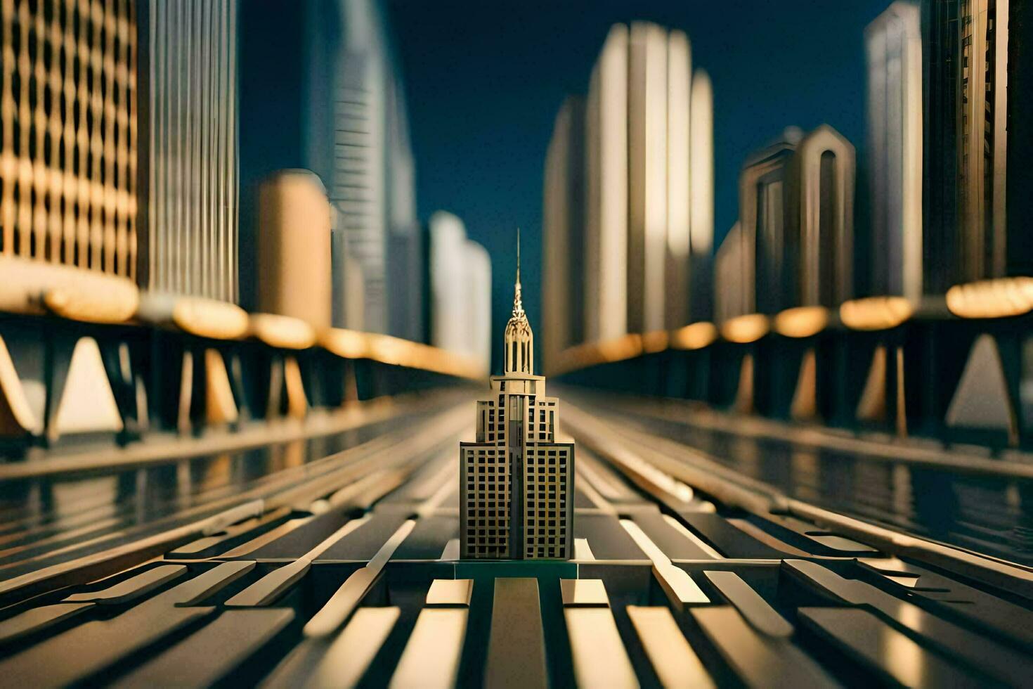 a cityscape with a tall building in the middle. AI-Generated photo