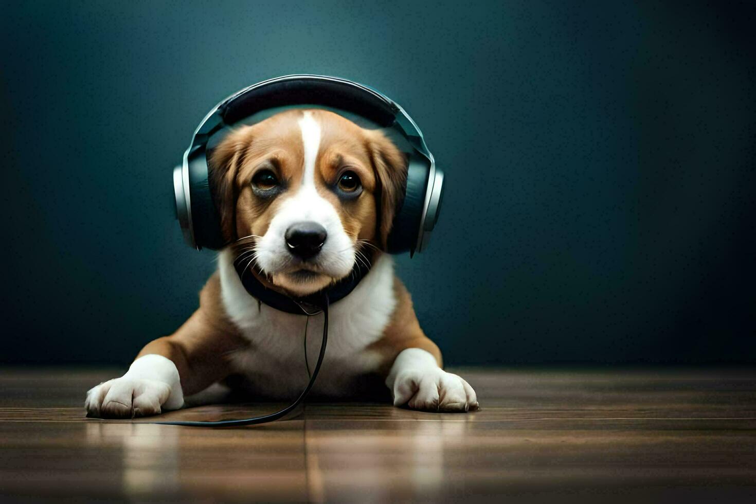 a puppy wearing headphones on a wooden floor. AI-Generated photo