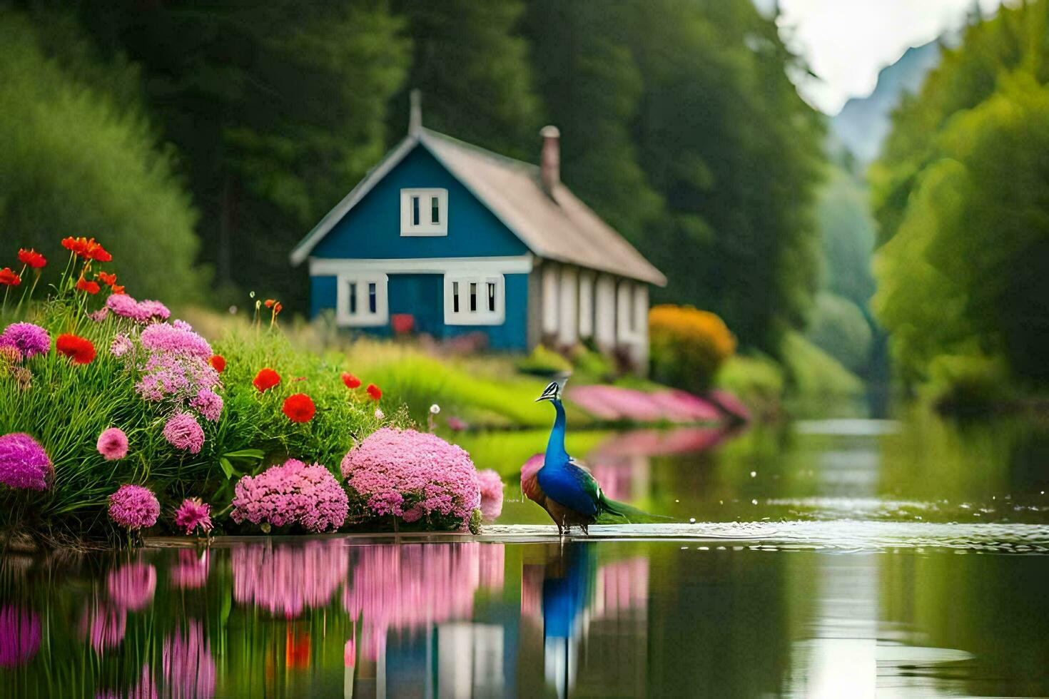 a peacock stands on the water near a house. AI-Generated photo