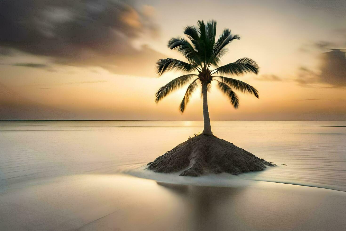 a lone palm tree stands on an island in the ocean. AI-Generated photo