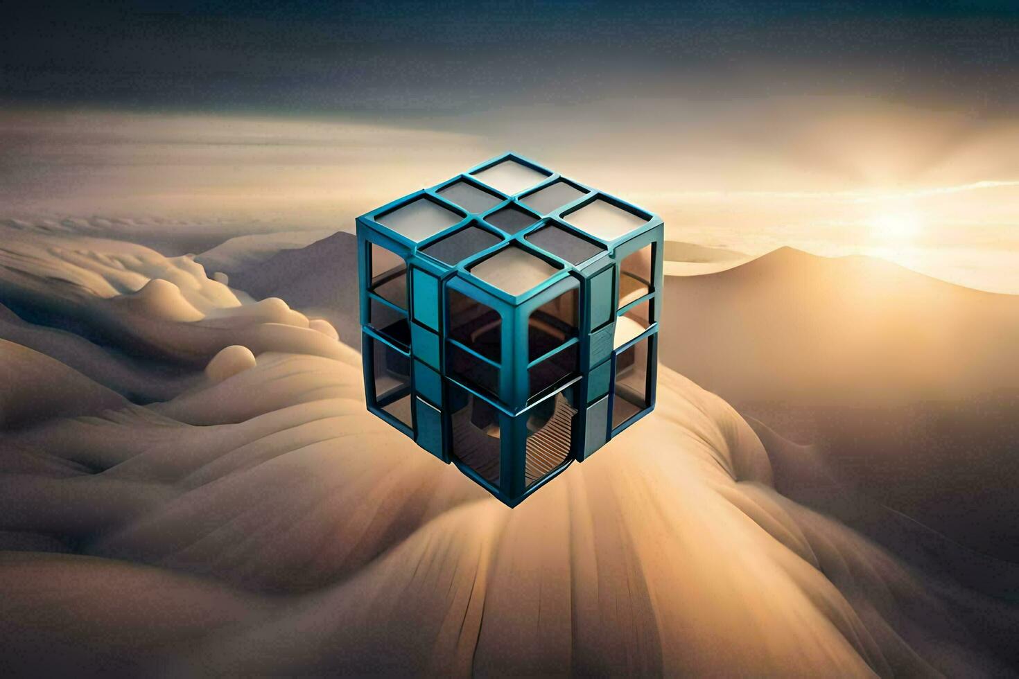 a cube in the desert with a sun in the background. AI-Generated photo