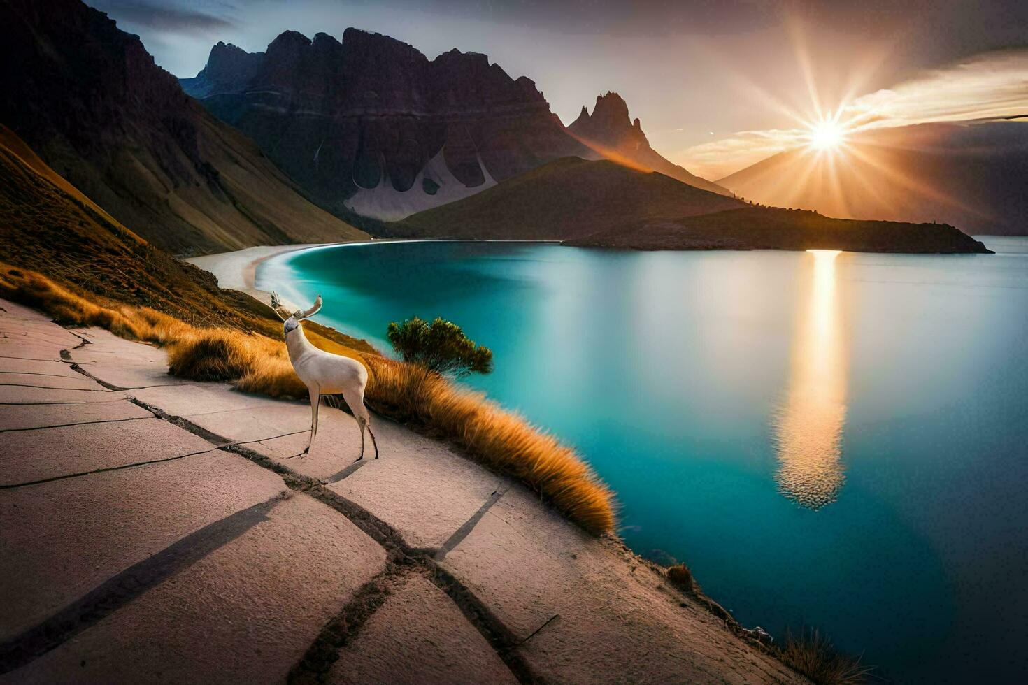the sun rises over the mountains and the sea. AI-Generated photo