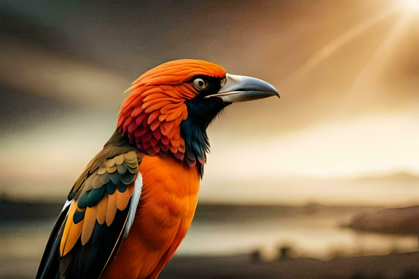a colorful bird is standing on a rock. AI-Generated photo