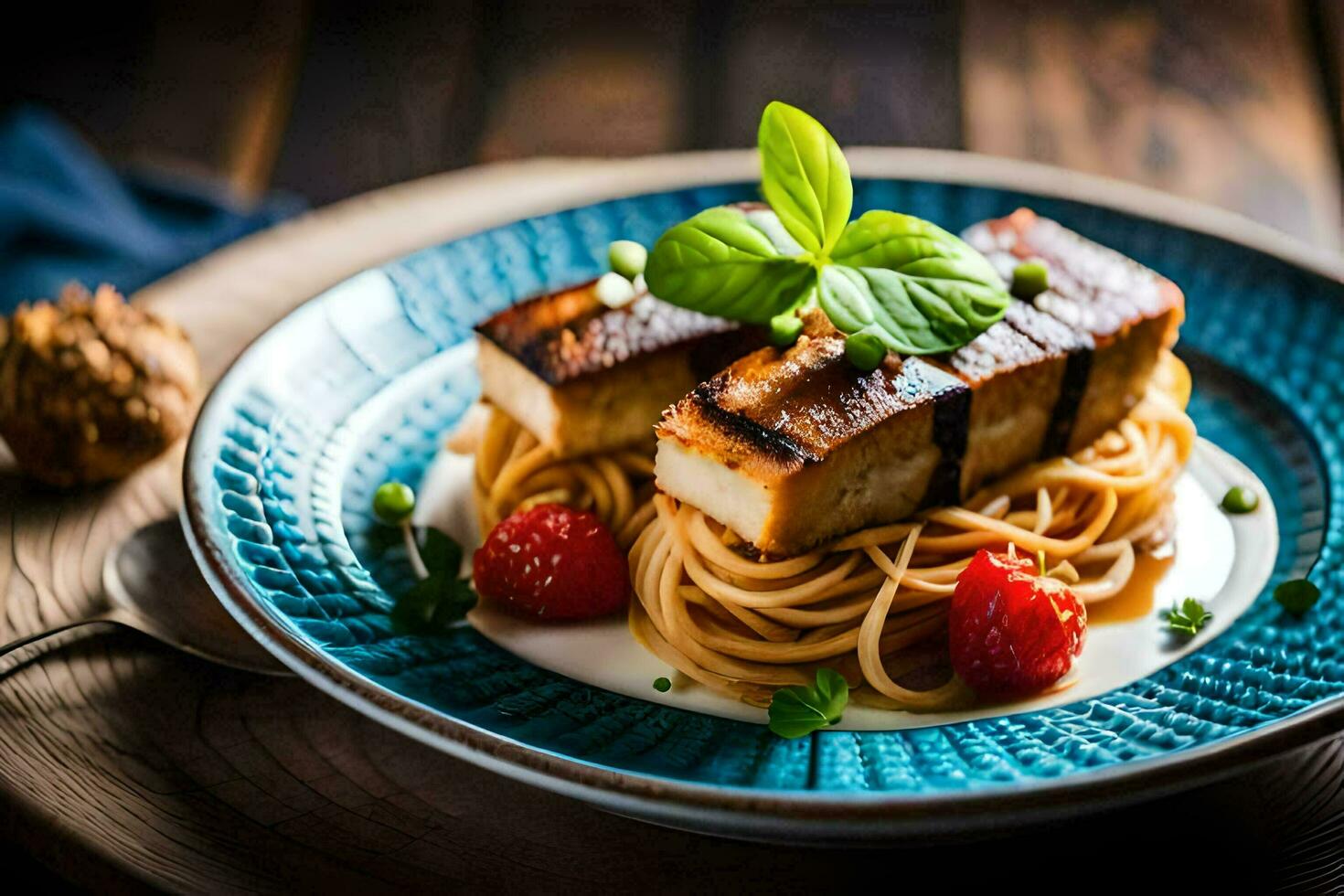 the food is served on a blue plate with a fork and a spoon. AI-Generated photo